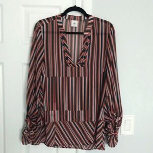 3 For $15 Cabi Semi Sheer V-Neck Blouse - Navy, Orange, Green & White Striped